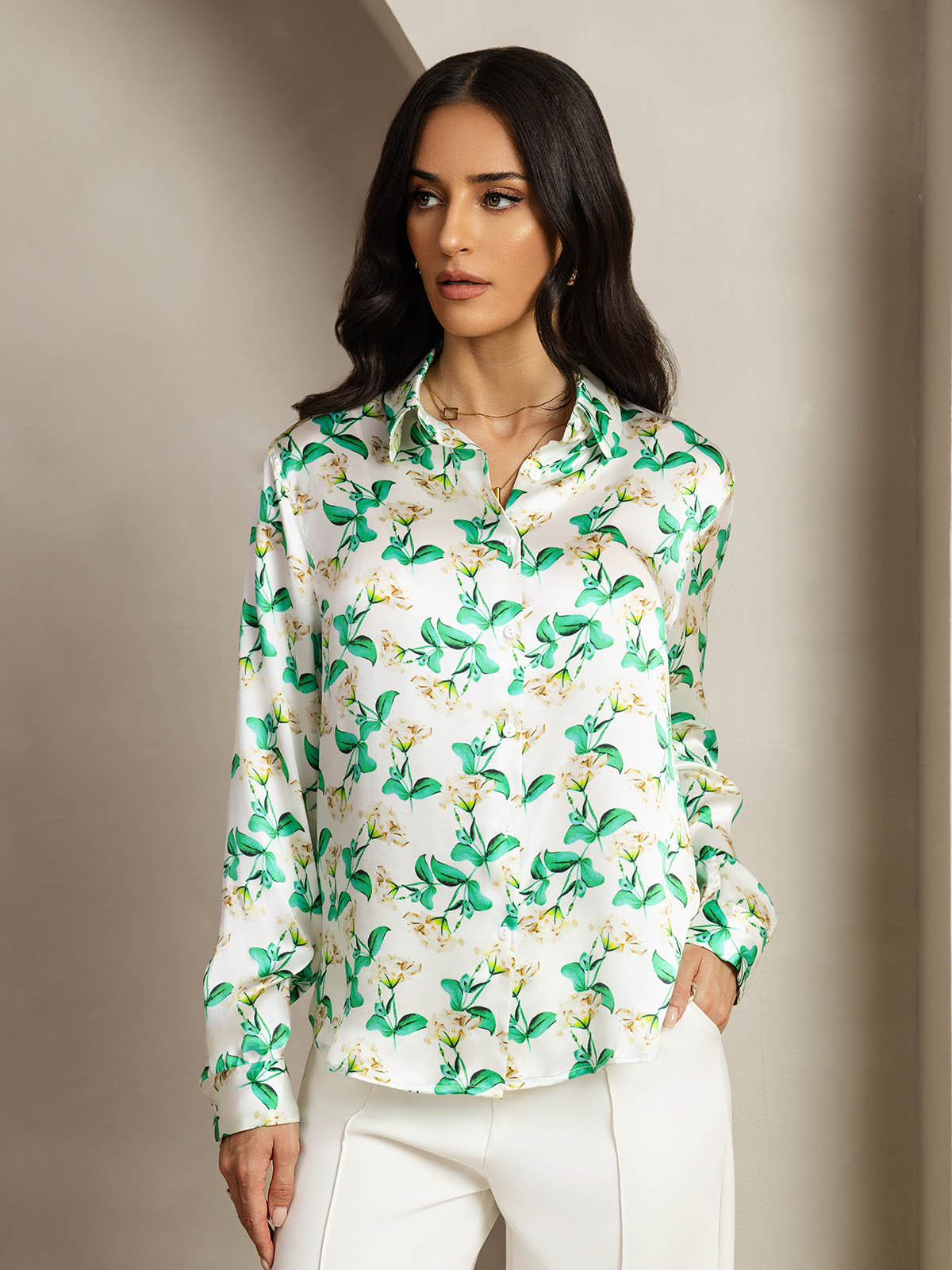 [Floral Vert] SilkSilky-FR Soie Col Chemise Femme Chemise 005