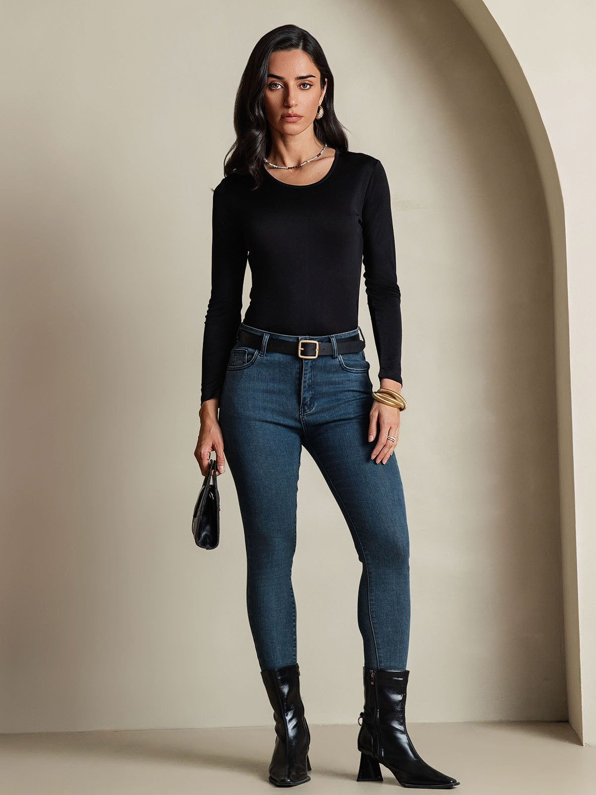 [Noir] SilkSilky-FR Manches longues Col Rond Femme T-Shirt 006