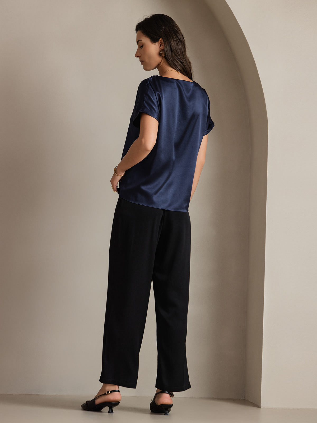 [Bleu Foncé] SilkSilky-FR 19Momme Soie Col Rond Femme T-Shirt 002