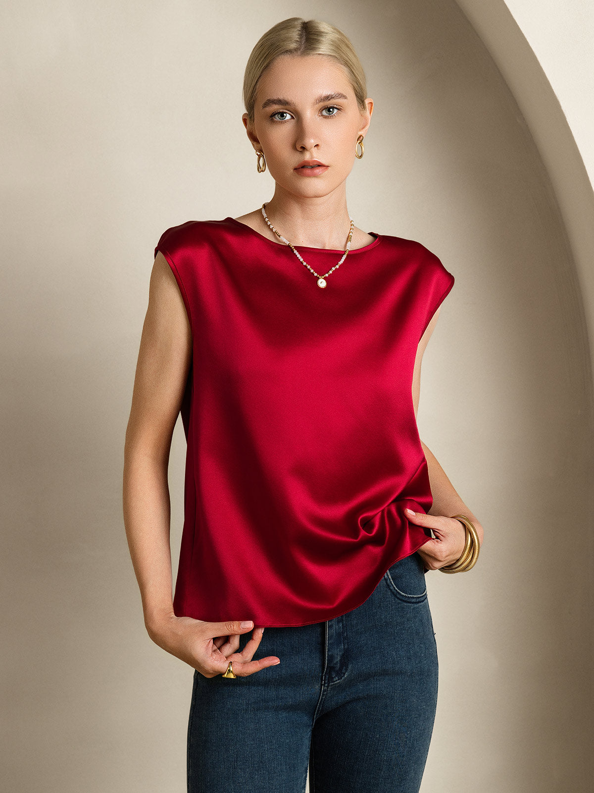 [Rouge Vineux] SilkSilky-FR 19Momme Soie Col Rond Femme T-Shirt 005