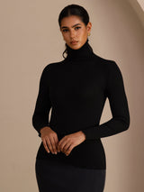 [Noir] SilkSilky-FR Long Sleeve Turtle Neck Femme T-Shirt 001