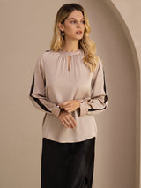 [Tan] SilkSilky-FR Long Sleeve Keyhole Neck Blouse 003