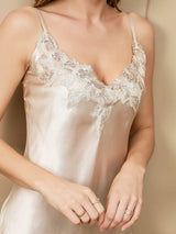 [Beige] SilkSilky-FR Fines Brides Col V Chemises de nuit 006