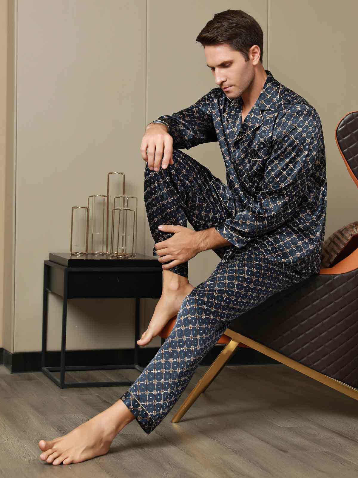 SilkSilky FR Pure Soie Manches longues Revers Homme Pyjamas BleuFoncé 006