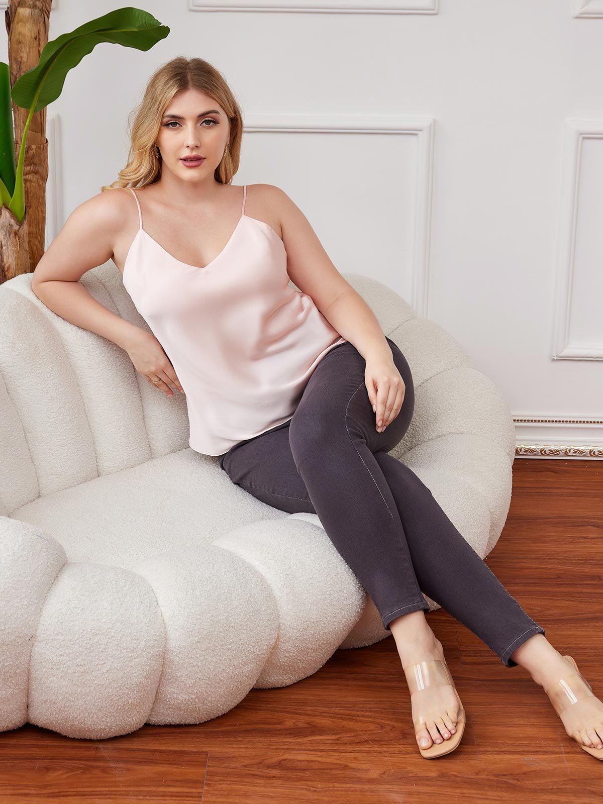 [Rose] SilkSilky-FR Fines Brides Col V Top À Fines Brides grandes tailles 005