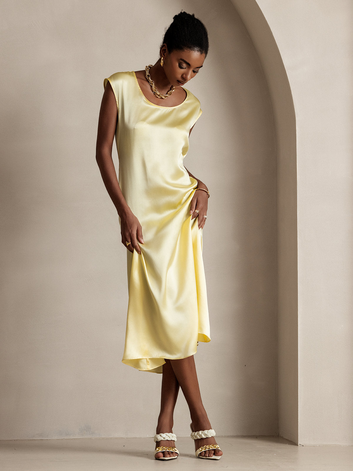 [Jaune Clair] SilkSilky-FR 19Momme Soie Col Rond Robes 005