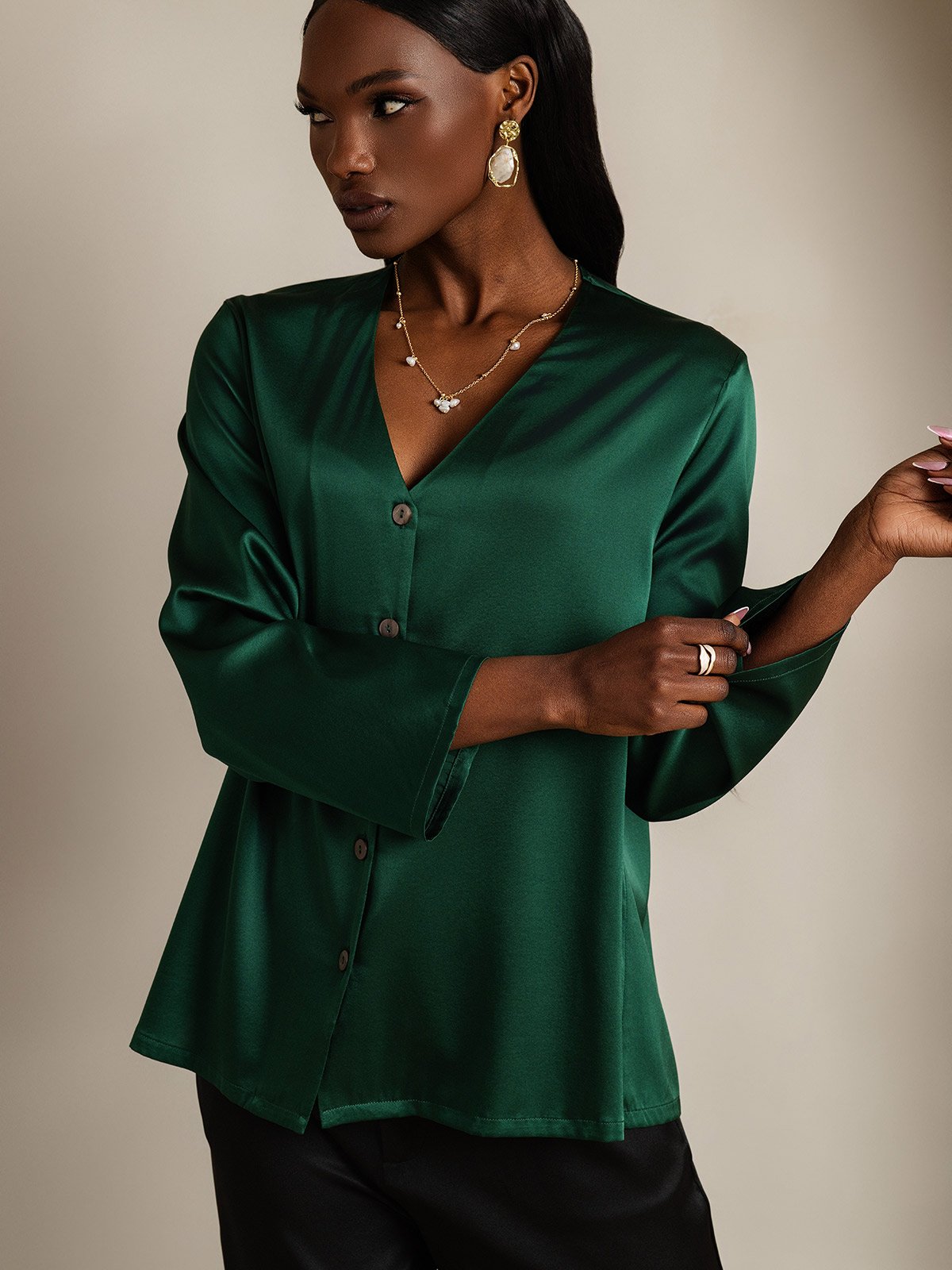 [Vert Foncé] SilkSilky-FR 19Momme Soie Col en V Femme Chemise 003