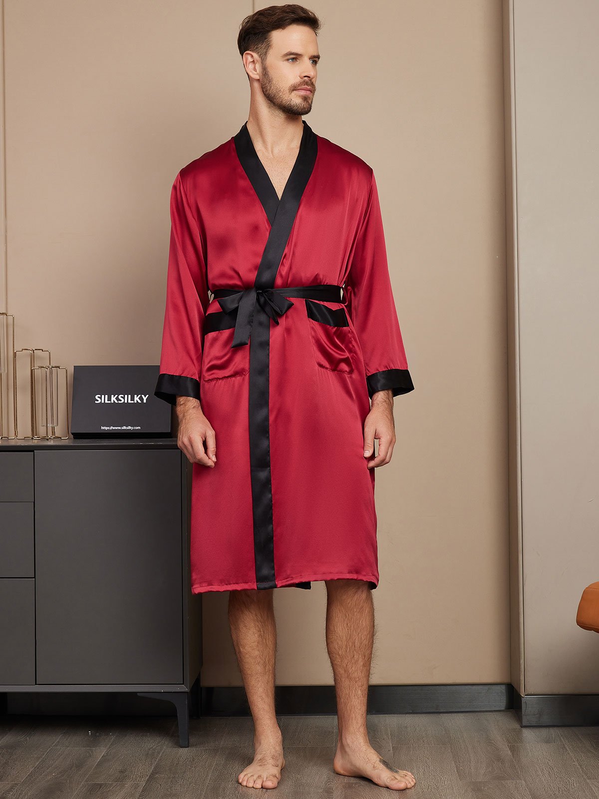 SilkSilky FR Pure Soie Manches longues Mens Robe RougeVineux 001