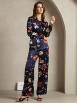 [Floral Marine] SilkSilky-FR 19Momme Soie Col Chemise Women''s Outfit Sets 004