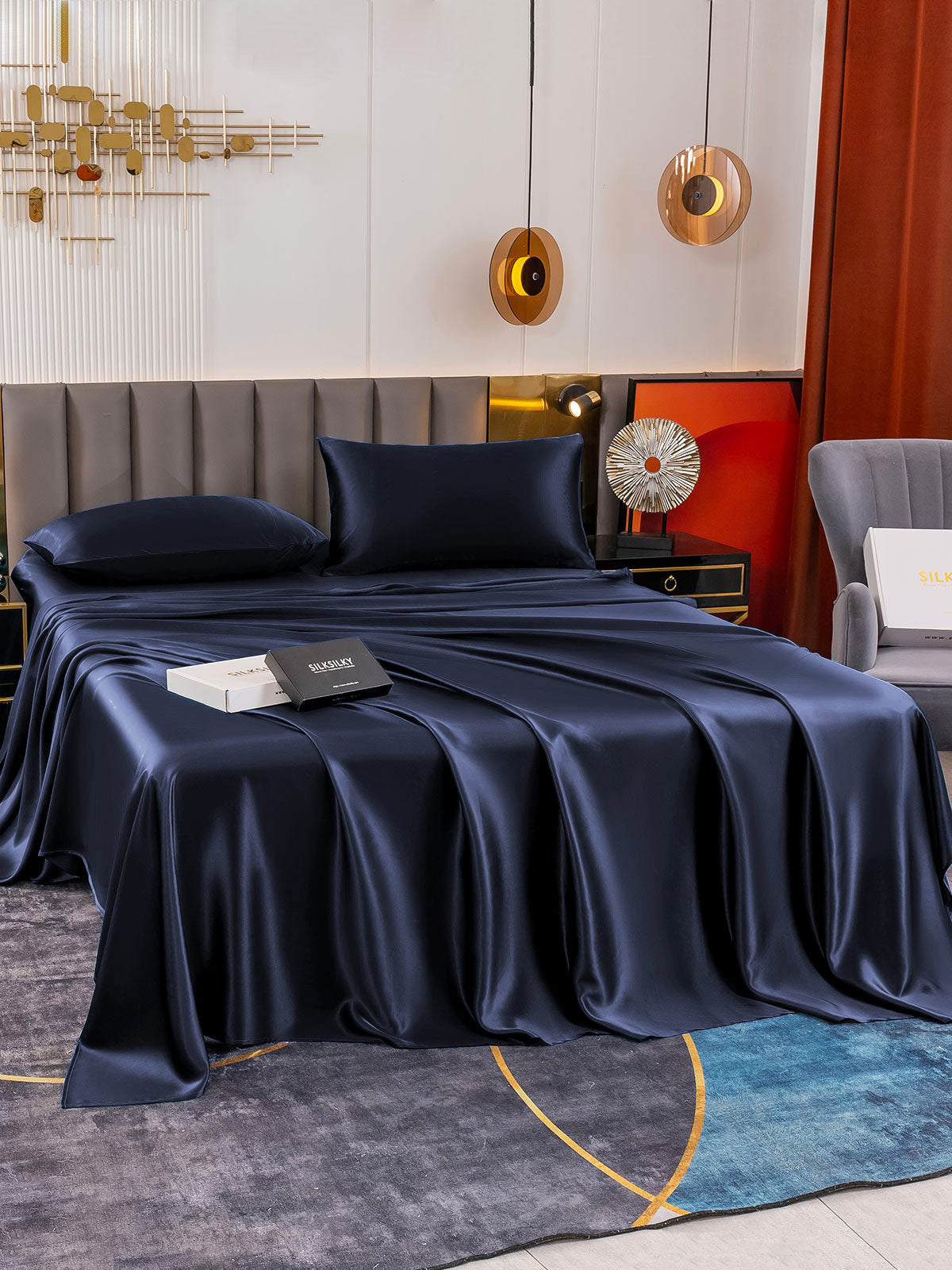 [Bleu Foncé] SilkSilky-FR 19Momme Pure Silk Bedding Set 005