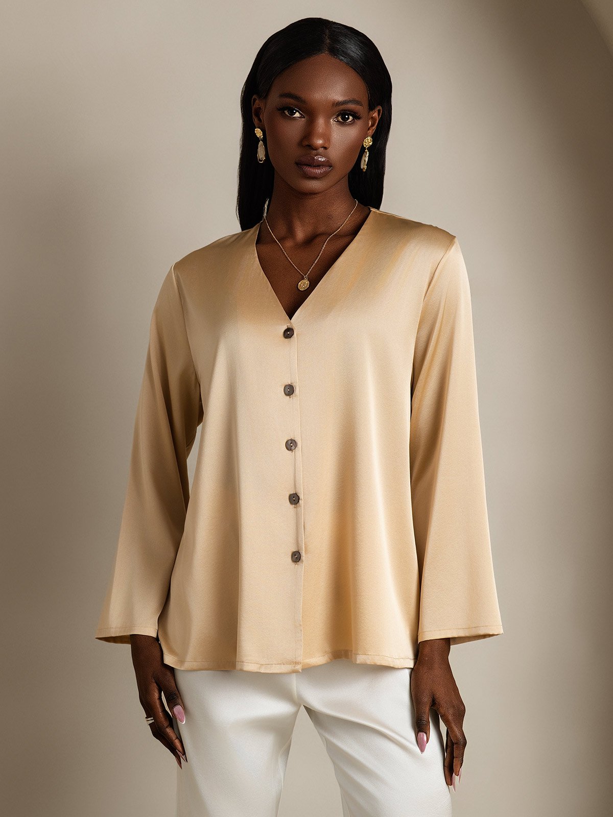 [Champagne] SilkSilky-FR 19Momme Soie Col en V Femme Chemise 003