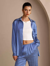 [Rayures Fines Bleues] SilkSilky-FR Long Sleeve Lapel Collar Women's Outfit Sets 005
