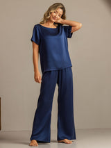 [Bleu Foncé] SilkSilky-FR 19Momme Manches courtes Femme Pyjamas 006