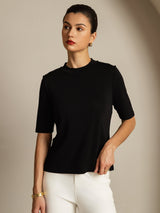 [Noir] SilkSilky-FR Half Sleeve Crew Neck Femme T-Shirt 006