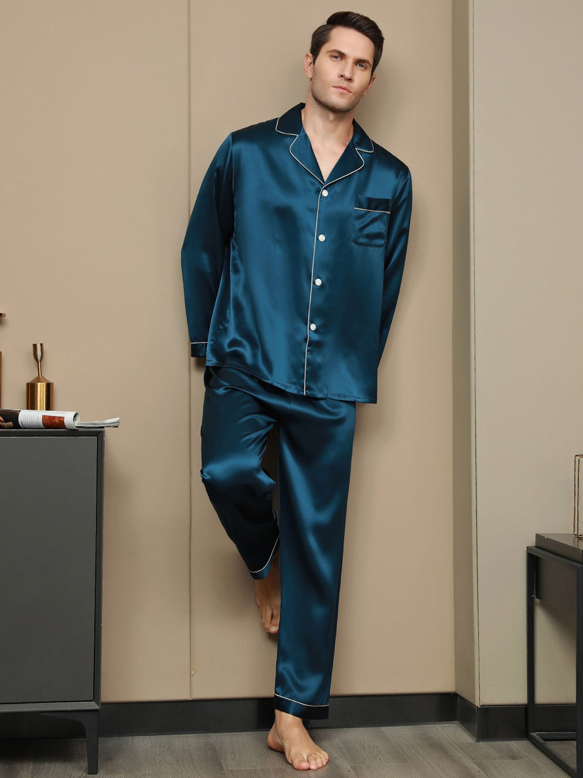 [Bleu Royal] SilkSilky-FR 19Momme Pure Soie Mens Pajamas 004