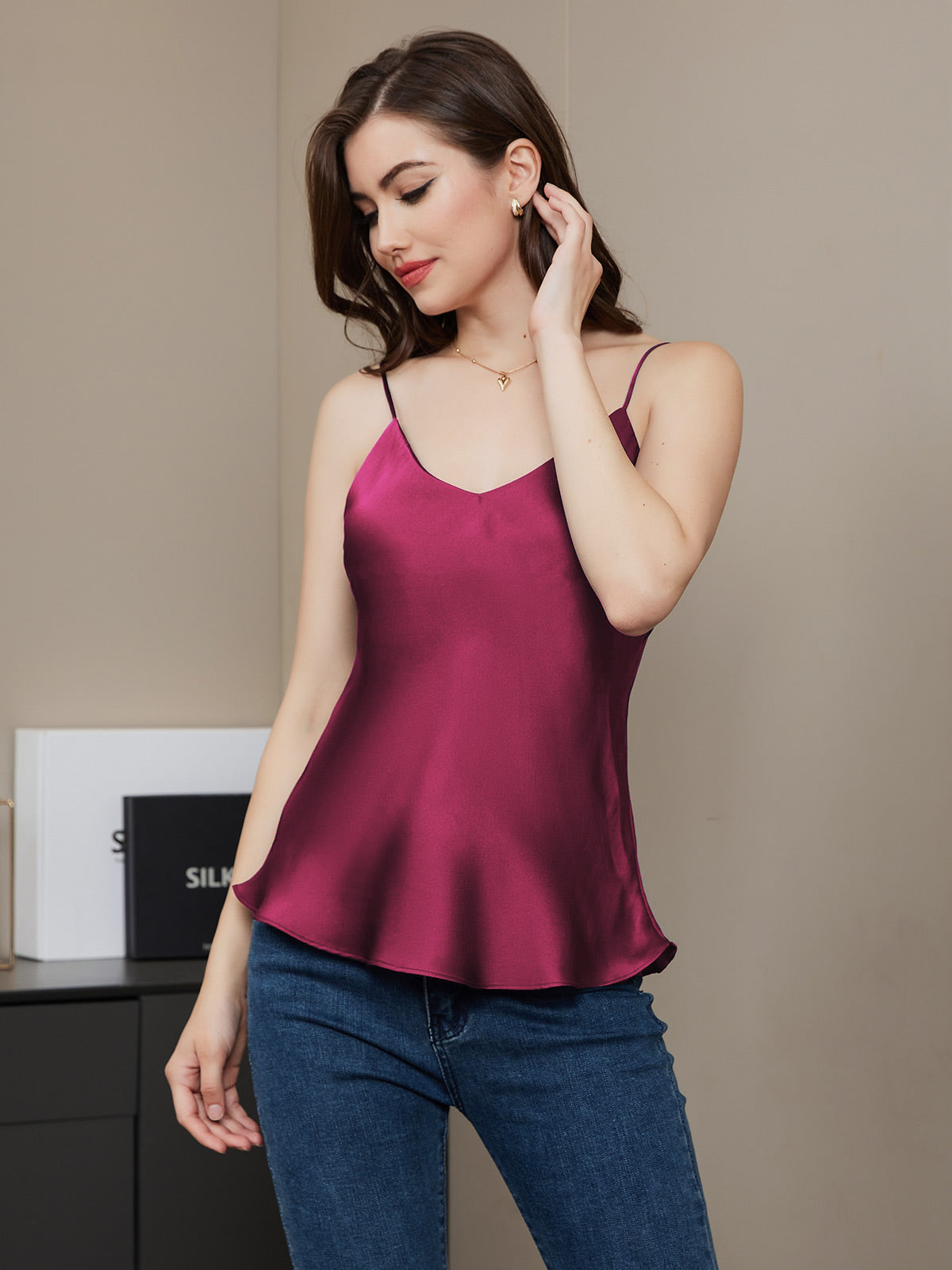 [Fuchsia] SilkSilky-FR Pure Soie Col en V Top À Fines Brides 005