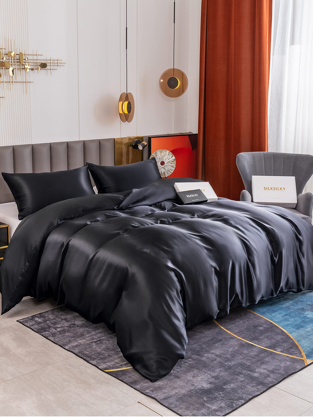 SilkSilky FR 19Momme Pure Soie Bedding Set Noir 001