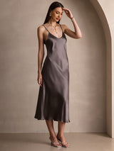 [Kaki Foncé] SilkSilky-FR Sleeveless V Neck Robes 007