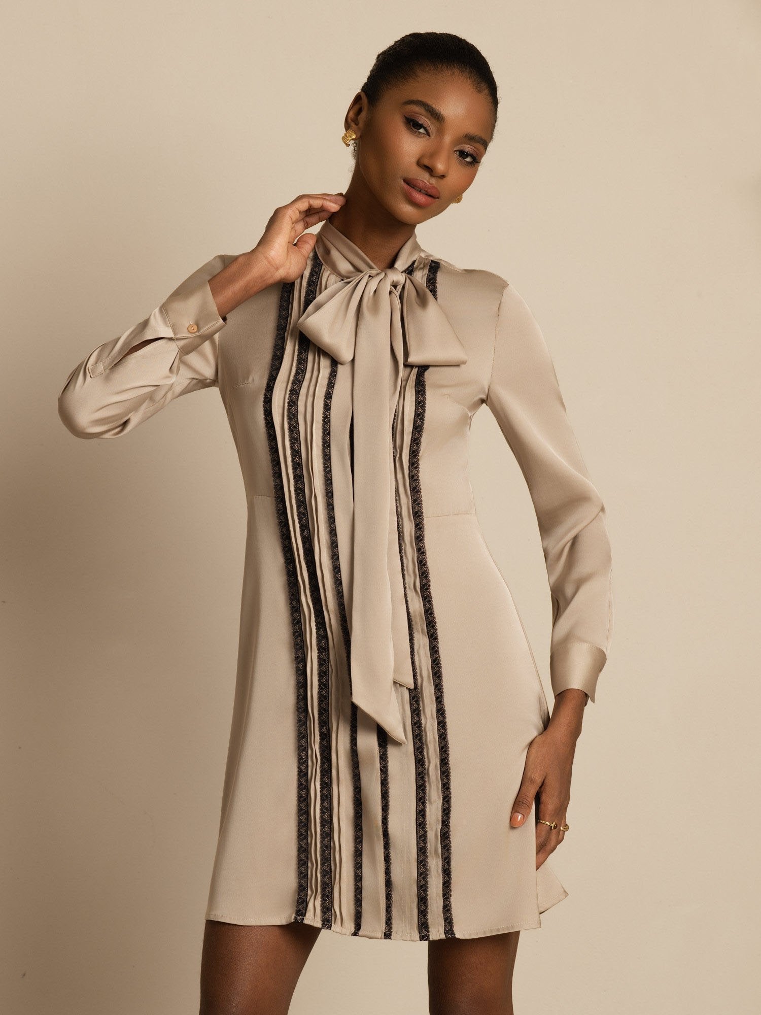 [Tan] SilkSilky-FR 19Momme Soie Manches longues À Nouer Robes 003