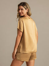 [Tan] SilkSilky-FR 19Momme Manches courtes Col Rond Femme Pyjamas 002