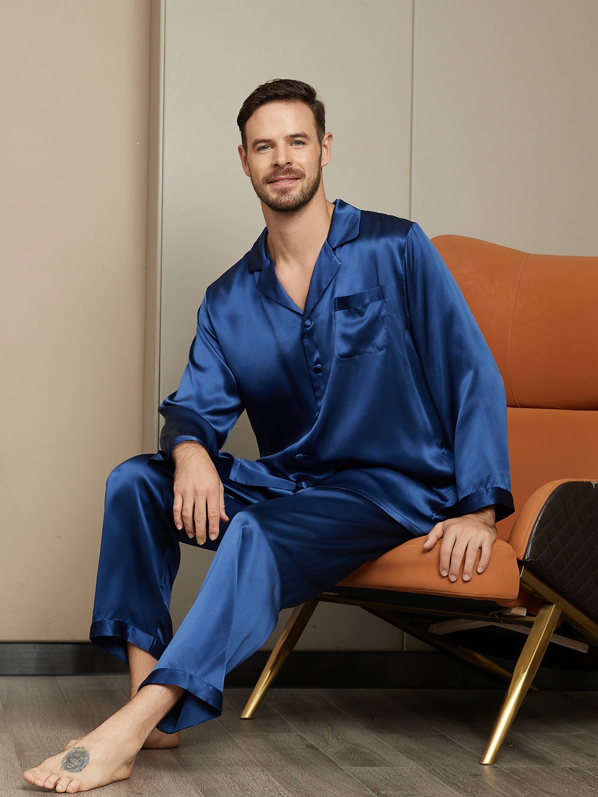 [Bleu Foncé] SilkSilky-FR Pure Soie Mens Pajamas 003