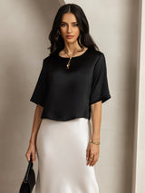 [Noir] SilkSilky-FR Manches mi-longues Encolure Dégagée Femme T-Shirt 001