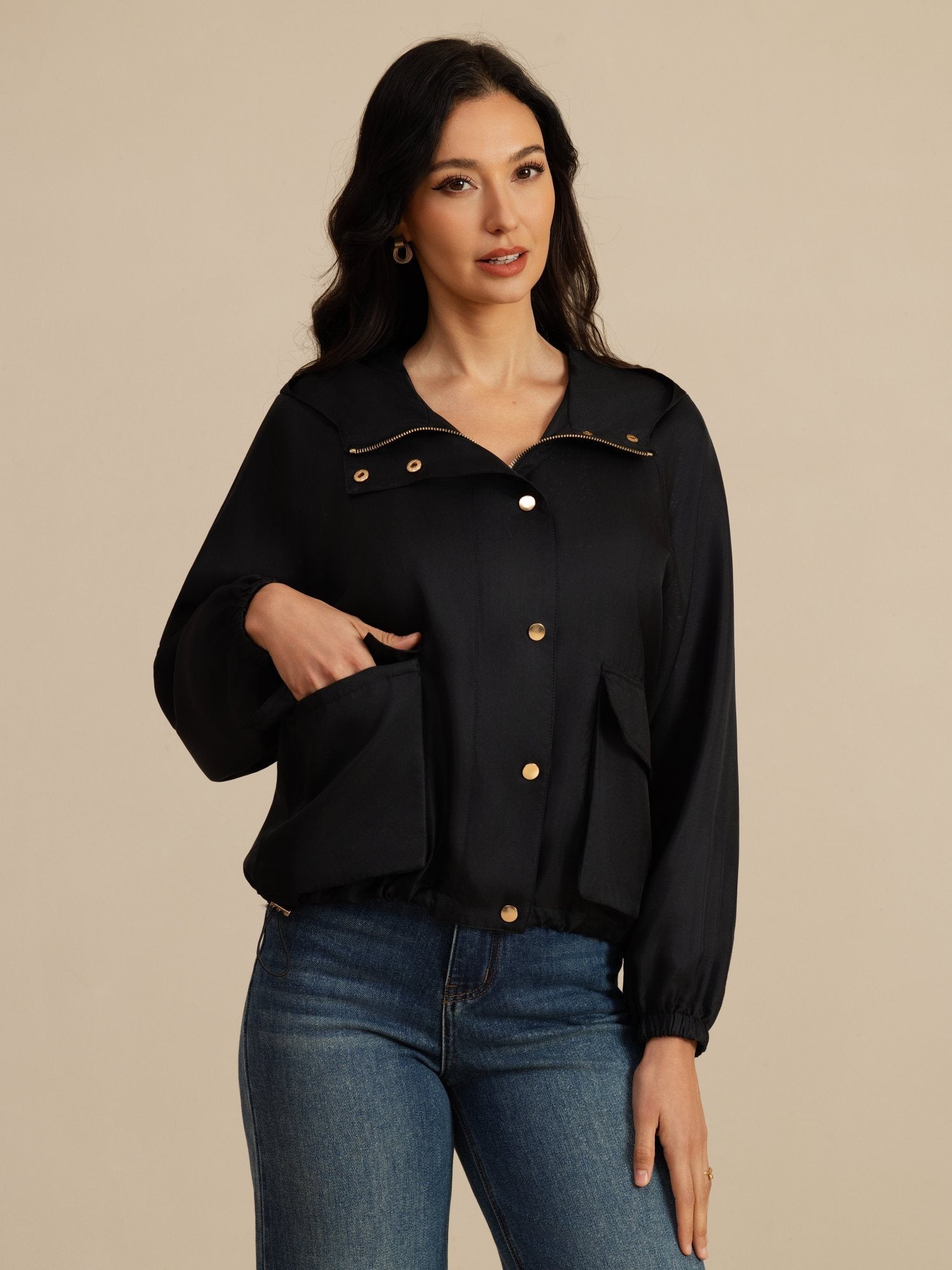 [Noir] SilkSilky-FR Manches longues Col Haut Femme Manteaux 003