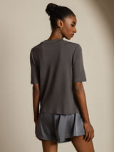 [Gris] SilkSilky-FR Half Sleeve Crew Neck Femme T-Shirt 002