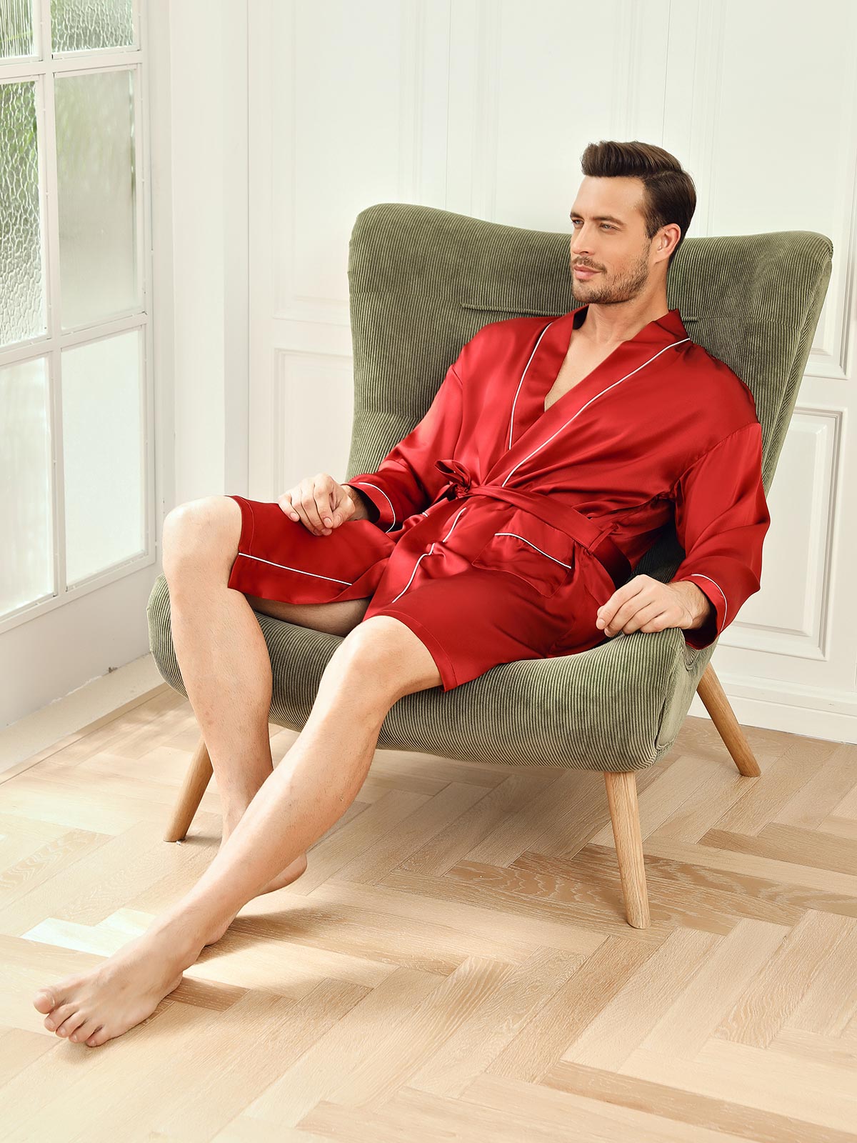 SilkSilky FR Pure Soie Trois quart Mens Robe RougeVineux 007