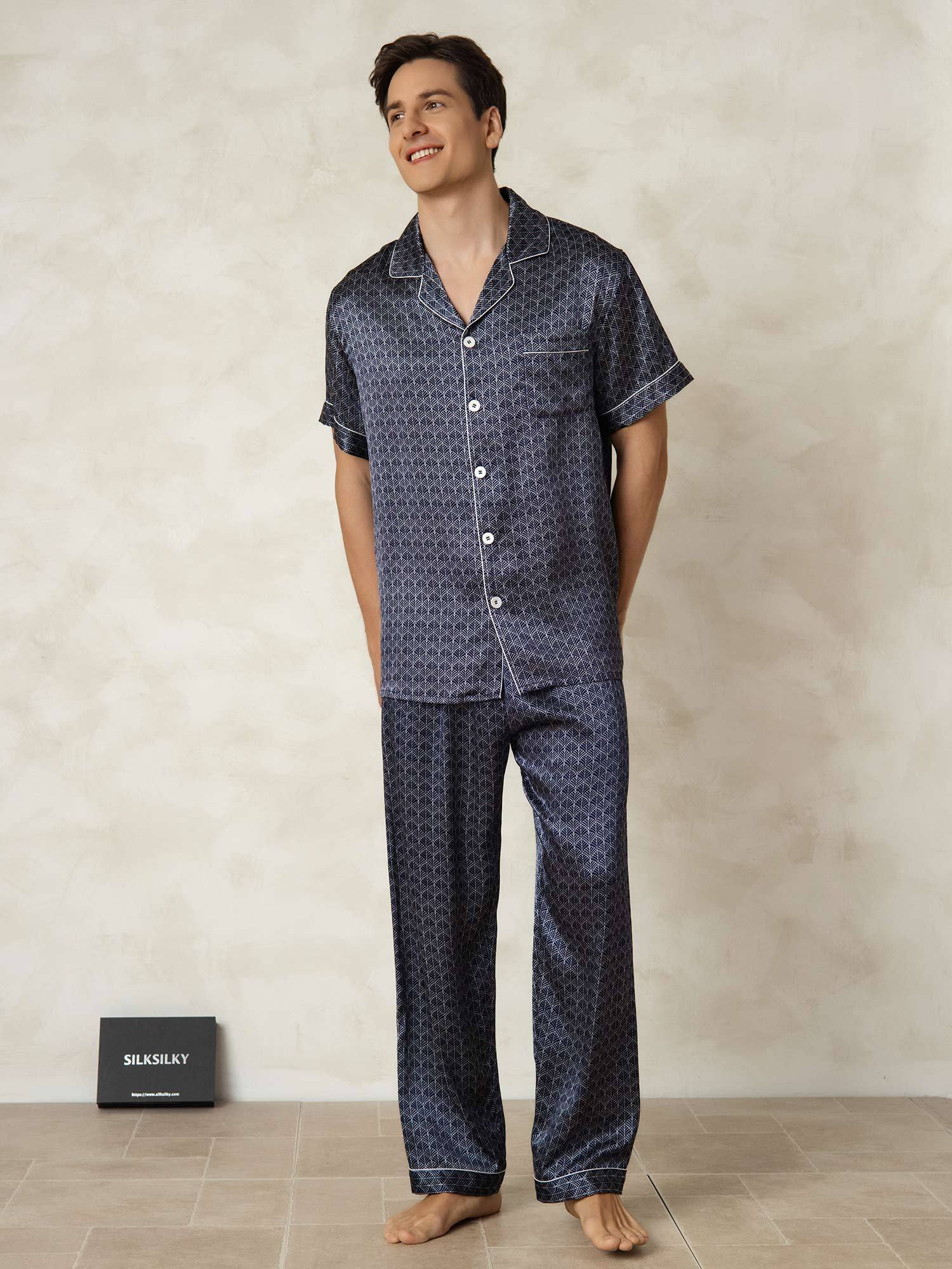[GinkgoMarine] SilkSilky-FR Soie Col Chemise Homme Pyjamas 001