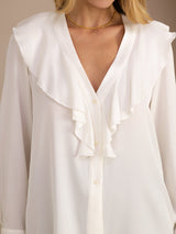 [Blanc] SilkSilky-FR Long Sleeve Deep V Neck Blouse 004