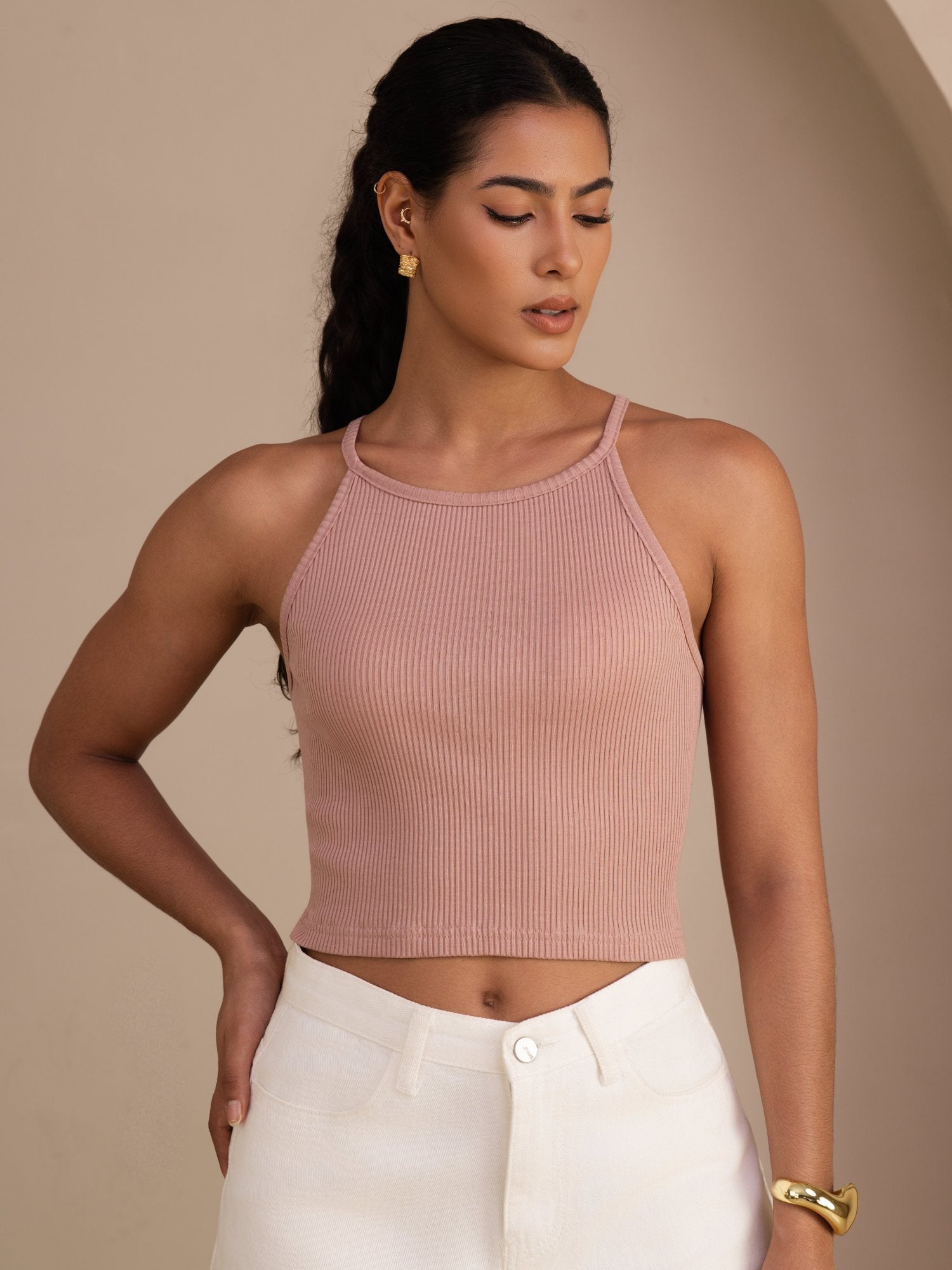 [Rose] SilkSilky-FR Sleeveless Crew Neck Top À Fines Brides 001