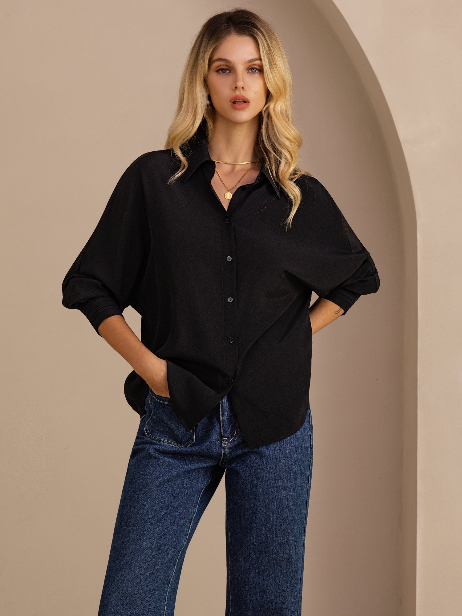 [Noir] SilkSilky-FR Long Sleeve Lapel Collar Femme Chemise 001
