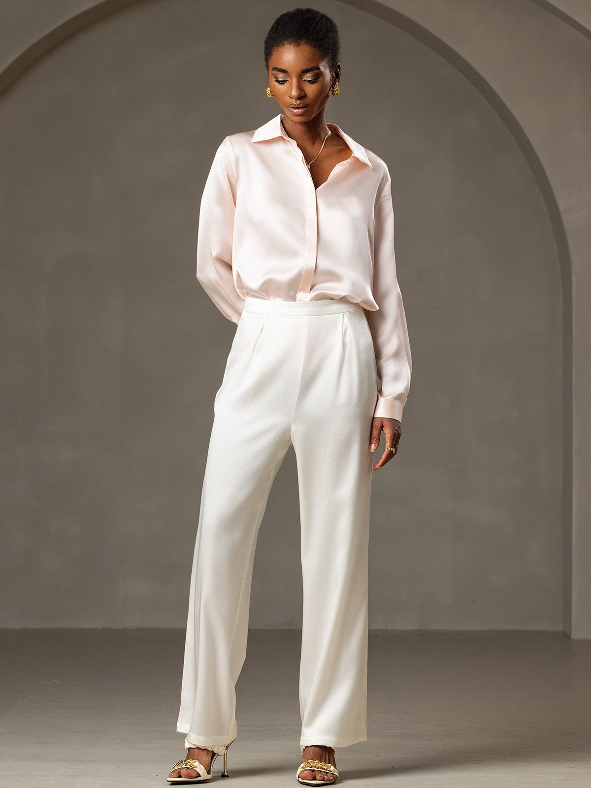 [Rose] SilkSilky-FR 19Momme Soie Manches longues Col Chemise Femme Chemise 006