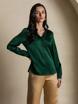 [Vert Foncé] SilkSilky-FR Long Sleeve Lapel Collar Femme Chemise 001