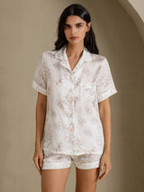 [Fleurs Crème] SilkSilky-FR Short Sleeve Notch Collar Femme Pyjamas 001