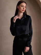 [Noir] SilkSilky-FR 19Momme Manches longues Col à Revers Femme Chemise 001