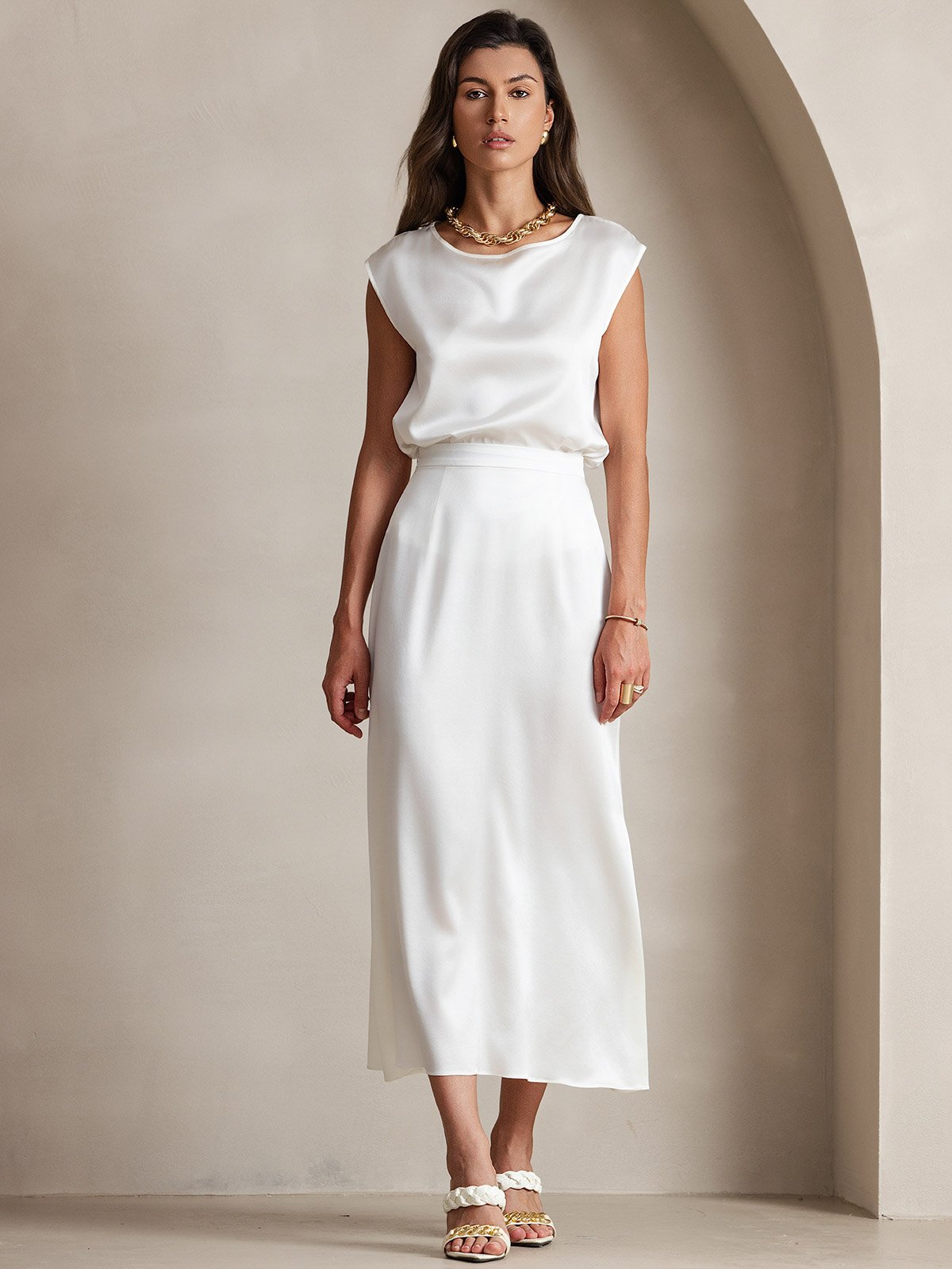 [Blanc] SilkSilky-FR 19Momme Soie Skirt 005