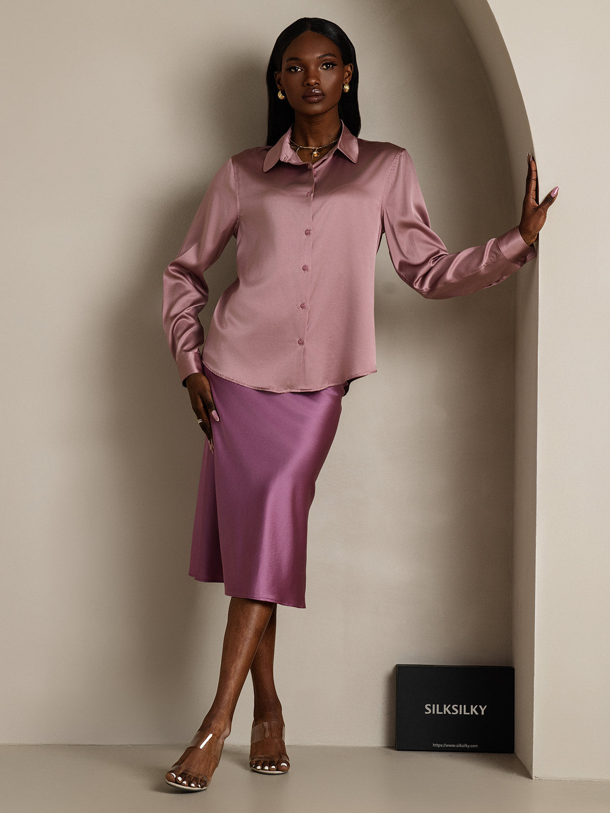 [Mauve Pâle] SilkSilky-FR Soie Col Chemise Femme Chemise 007