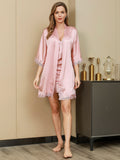 SilkSilky FR Pure Soie Manches mi longues Nightgown&Robe Set Rose 002