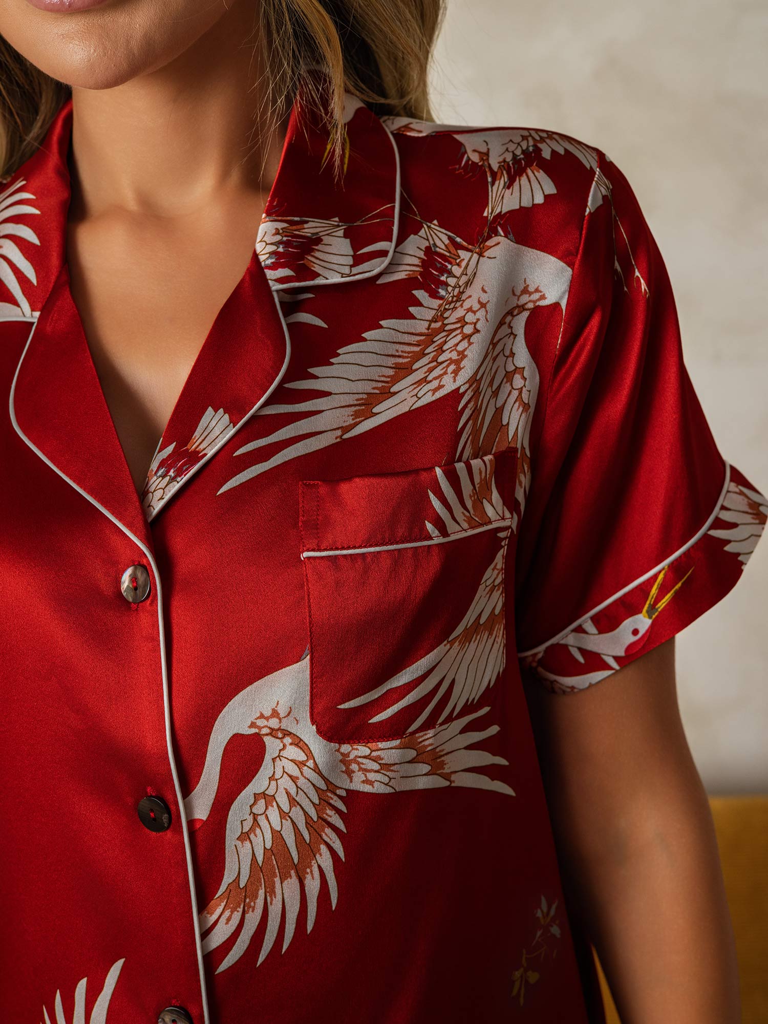 [Rouge Foncé] SilkSilky-FR 19Momme Pure Soie Manches courtes Womens Pajamas 004