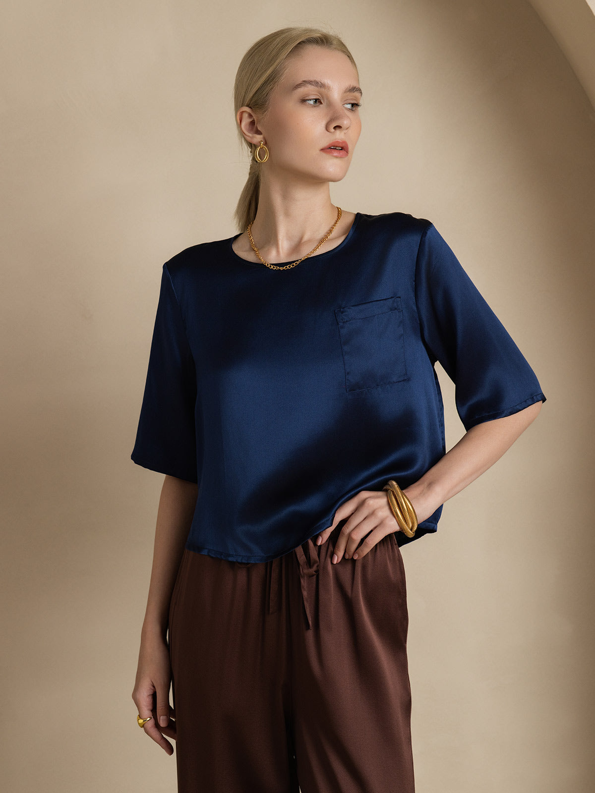 [Bleu Foncé] SilkSilky-FR Pure Soie Manches mi-longues Col Bateau Femme T-Shirt 004