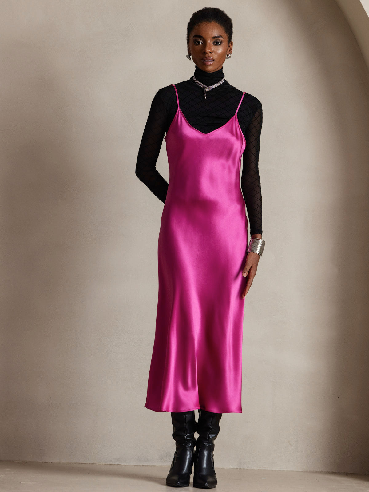 [Rose Rouge] SilkSilky-FR Pure Soie Col Rond Robes 007