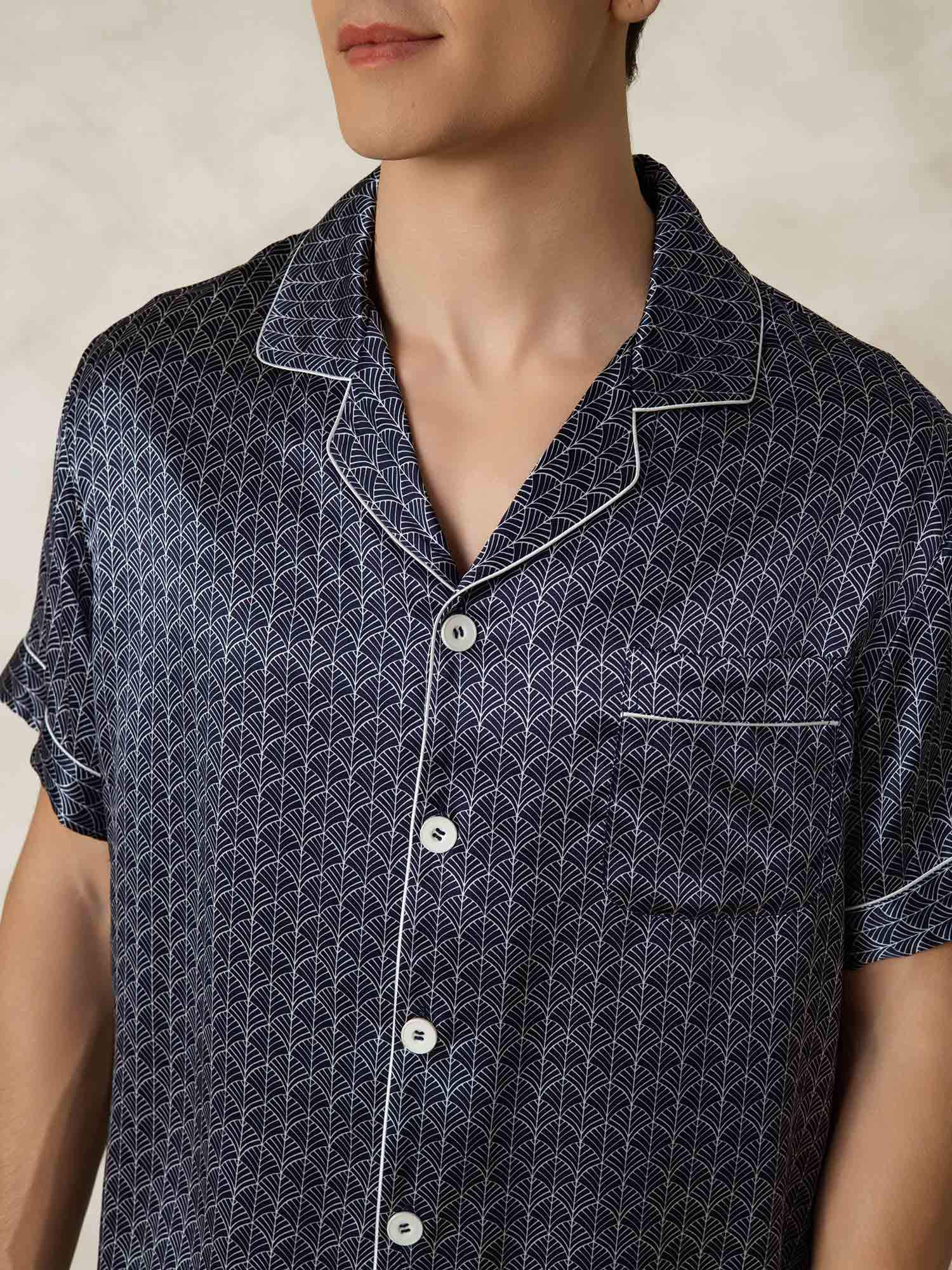 [GinkgoMarine] SilkSilky-FR Soie Col Chemise Homme Pyjamas 007