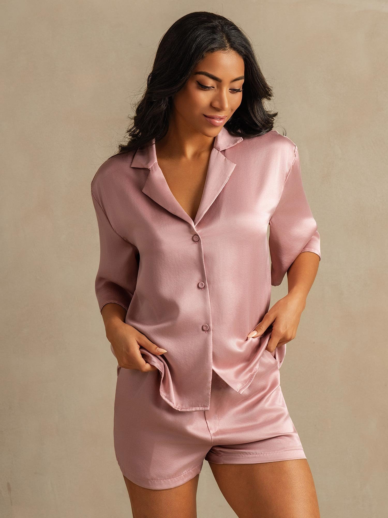 [Peau De Pêche] SilkSilky-FR 19Momme Soie Manches mi-longues Col Chemise Femme Pyjamas 003