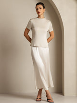 [Gris] SilkSilky-FR 100% Silk Jersey Short Sleeve Mock Neck Femme T-Shirt 007