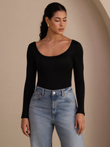 [Noir] SilkSilky-FR Long Sleeve Col en U Femme T-Shirt 003