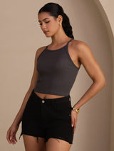 [Gris] SilkSilky-FR Sleeveless Crew Neck Top À Fines Brides 004