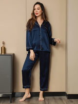 [Bleu Foncé] SilkSilky-FR Long Sleeve Lapel Collar Femme Pyjamas 005