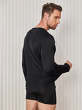 SilkSilky FR Soie Tricotée Manches longues Col Rond Homme T Shirt Noir 002